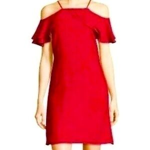 Nicole Miller Cocktail Dress Red Fluttery Cold Shoulder Sleeve